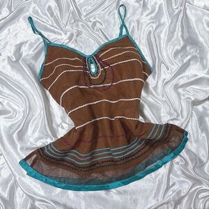 y2k Dance in Paris 100% Silk Cami Brown Beaded Embroidered Mesh Hem Top L